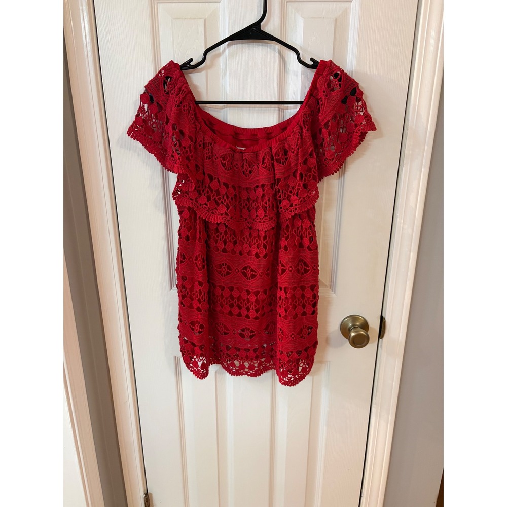 Fever Crochet Lace Top Women Medium Red Off Shoulder Ruffle Boho Blouse